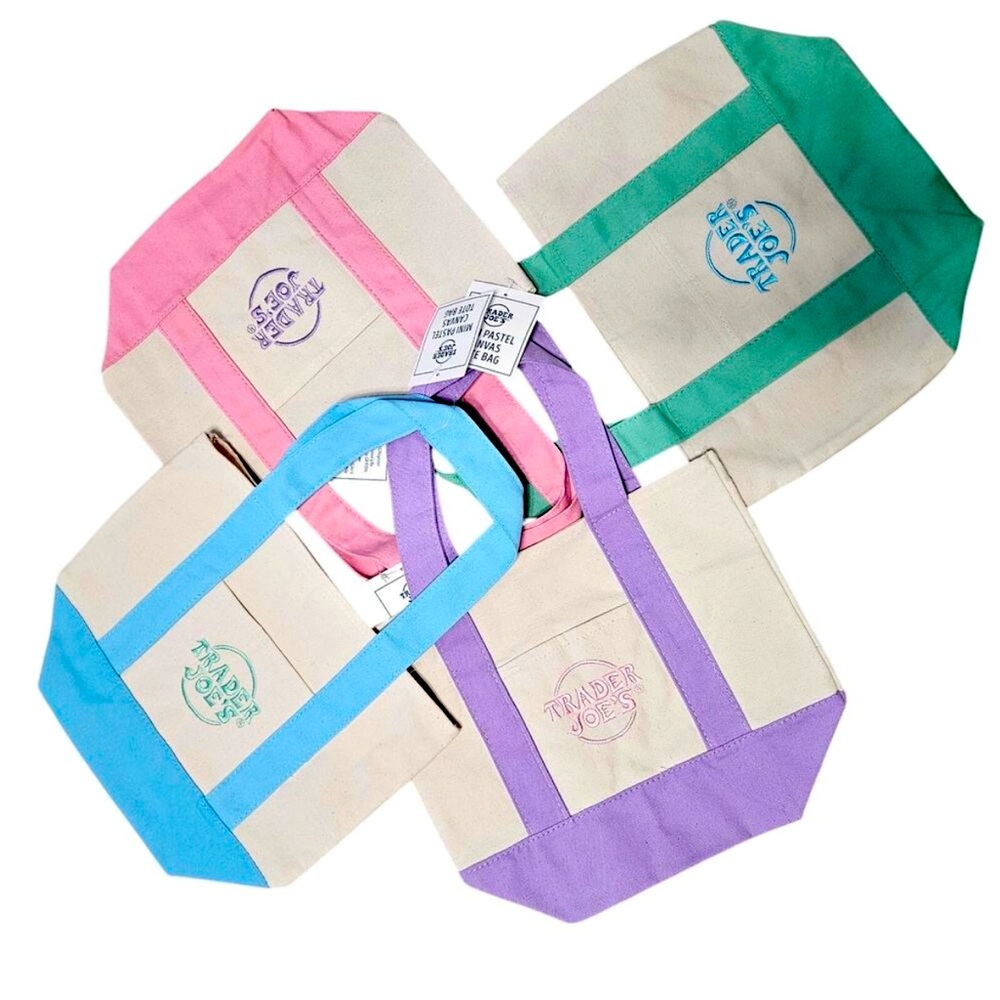 Trader Joe's Pastel Mini Canvas Tote Bags 2025 Lot of 4 Limited Edition New